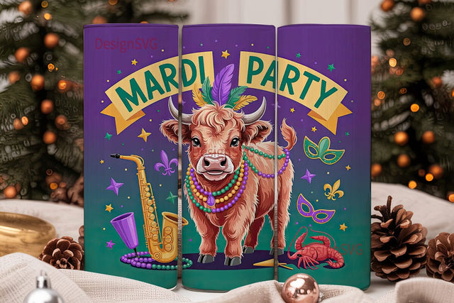 Mardi Gras Highland Cow 20oz Tumbler Sublimation DesignSVG 