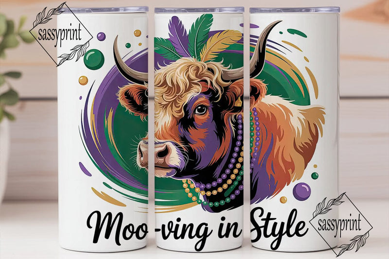 Mardi Gras Highland Cow 20oz Tumbler Sublimation sassyprint 