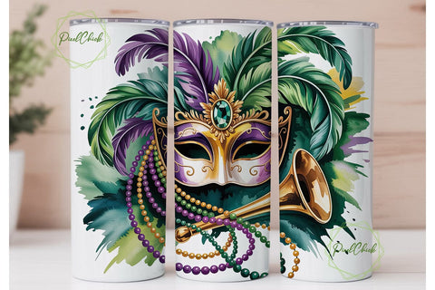 Mardi Gras Mask Feather 20oz Tumbler Sublimation PixelChick 