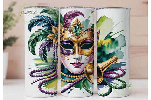 Mardi Gras Mask Feather 20oz Tumbler Sublimation PixelChick 