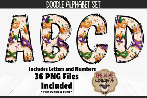 Mardi Gras Masks & Beads Doodle Alphabet Numbers | Patterned PNG Sublimation Ewe-N-Me Designs 