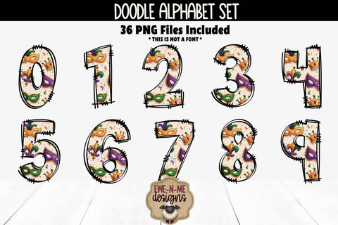 Mardi Gras Masks & Beads Doodle Alphabet Numbers | Patterned PNG Sublimation Ewe-N-Me Designs 