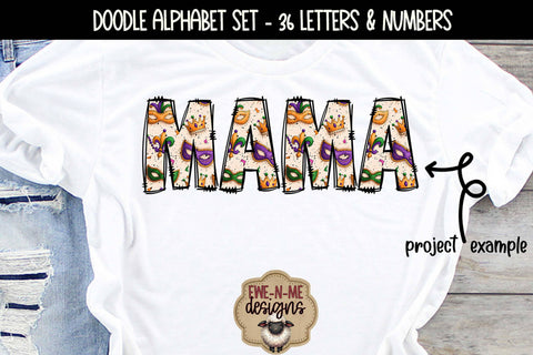 Mardi Gras Masks & Beads Doodle Alphabet Numbers | Patterned PNG Sublimation Ewe-N-Me Designs 