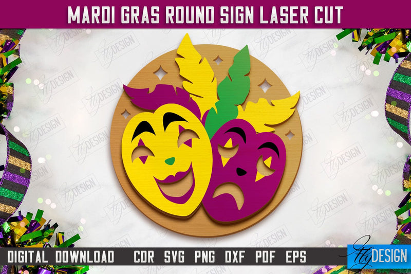 Mardi Gras Round Sign | Masquerade Mask | Wall Signboard | CNC File SVG Fly Design 