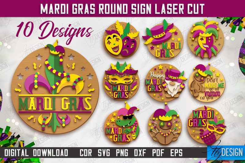 Mardi Gras Round Signs Bundle | Masquerade Mask | Wall Signboard | CNC Files SVG Fly Design 