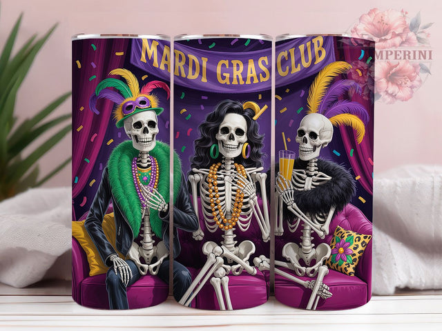 Mardi Gras Skeleton Party Tumbler, Mardi Gras Club Wrap, Carnival Party Cup, 20oz Sublimation Wrap, Festive Skeleton Design Tumbler, New Orleans Mardi Gras Cup, Colorful Carnival Skeleton Wrap Sublimation Li Zamperini 