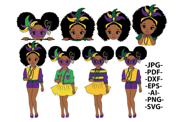 Mardi Gras SVG Bundle of 9 Black Girl Designs | Afro Girl Clipart with Mask, Beads, Costumes, PNG for Cricut, Sublimation, DXF Carnival Art SVG 1uniqueminute 
