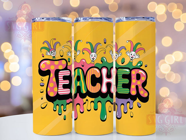 Mardi Gras Teacher Tumbler, Carnival School Wrap, Festive Party Cup, 20oz Sublimation Wrap, New Orleans Celebration Tumbler, Inflated Mardi Gras Design Cup, Mardi Gras Teacher Theme Wrap Sublimation SvggirlplusArt 