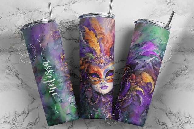 Mardi Gras Tumbler Seamless Sublimation Design, Add Your Own Name, Mardi Gras Carnival Mask Tumbler PNG, 20 oz Skinny Tumbler Wrap, Digital Sublimation Syre Digital Creations 