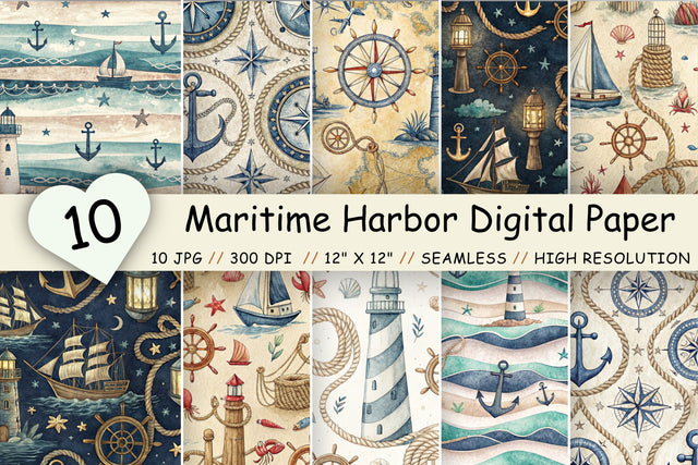 Maritime Harbor Digital Paper Pack, Seamless Watercolor Nautical Pattern Bundle, Printable Scrapbook Paper, Vintage Harbor Design Collection Digital Pattern FloridPrintables 