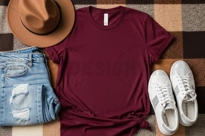 Maroon t-shirt mockup with casual outfit Mock Up Photo Designangry 