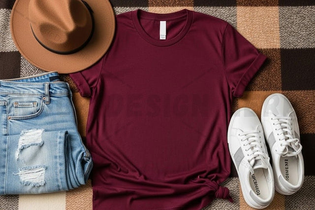 Maroon t-shirt mockup with casual outfit Mock Up Photo Designangry 