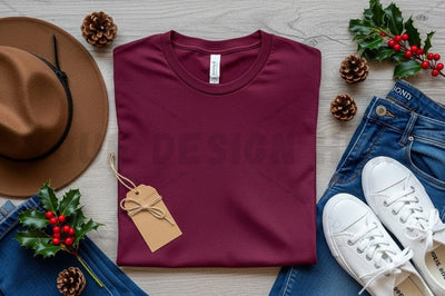 Maroon t-shirt mockup with holiday accessories Mock Up Photo Regulrcrative 