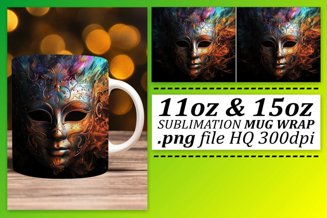 Masked Elegance: Vibrant Mardi Gras Pattern Mug Wrap Sublimation afrosvg 
