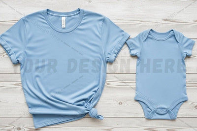 Matching baby and adult light blue t-shirts Mock Up Photo Regulrcrative 