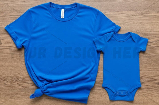 Matching blue t-shirt and baby onesie set Mock Up Photo Regulrcrative 