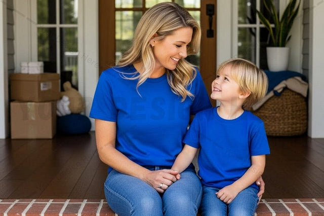 Matching blue t-shirt mockup design for mother and child Mock Up Photo Regulrcrative 
