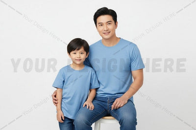 Matching blue t-shirt set for father and son Mock Up Photo Regulrcrative 