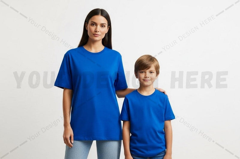 Matching blue t-shirt set for mother and child Mock Up Photo Regulrcrative 