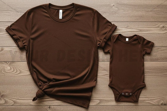 Matching brown t-shirt and onesie set Mock Up Photo Regulrcrative 
