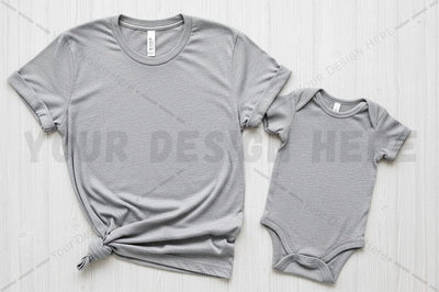 Matching gray t-shirt and baby onesie set Mock Up Photo Regulrcrative 