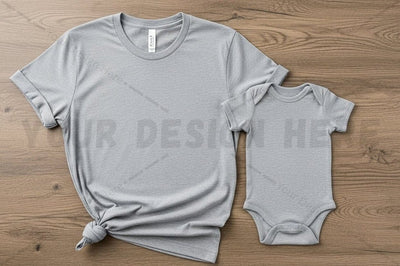 Matching gray t-shirt and onesie set Mock Up Photo Regulrcrative 