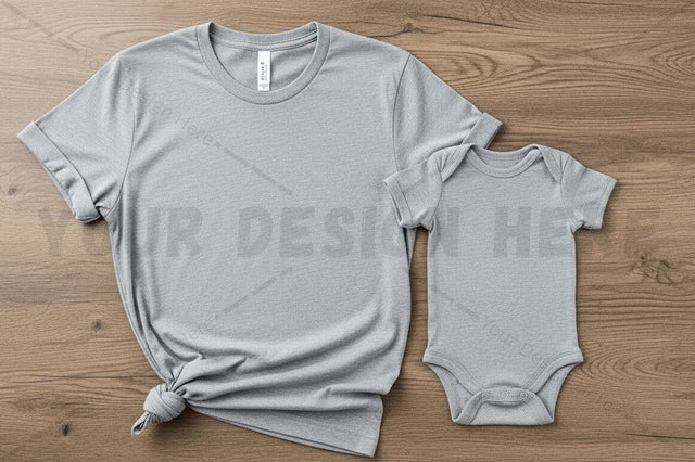 Matching gray t-shirt and onesie set Mock Up Photo Regulrcrative 