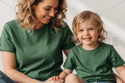 Matching green t-shirt set for mother and child Mock Up Photo Regulrcrative 