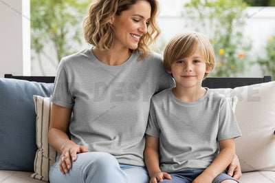 Matching grey t-shirt mockup design for mother and child Mock Up Photo Regulrcrative 