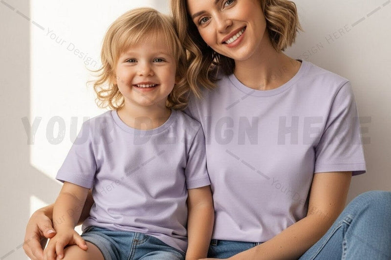 Matching lavender t-shirt mockup design for mother and child Mock Up Photo Regulrcrative 