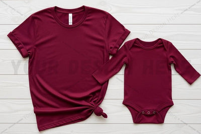 Matching maroon t-shirt and baby onesie set Mock Up Photo Regulrcrative 