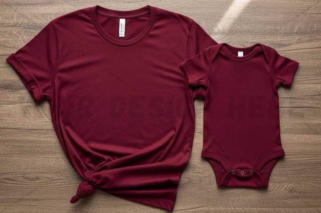 Matching maroon t-shirt and onesie set Mock Up Photo Regulrcrative 