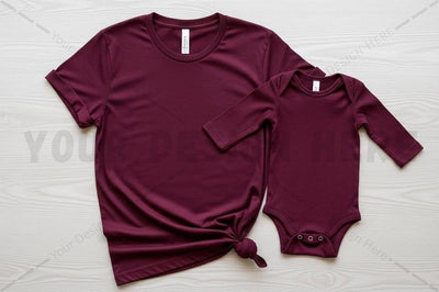 Matching maroon t-shirt and onesie set Mock Up Photo Regulrcrative 