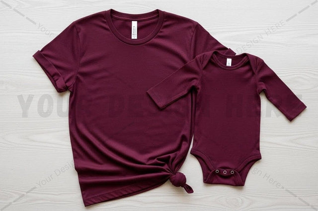 Matching maroon t-shirt and onesie set Mock Up Photo Regulrcrative 