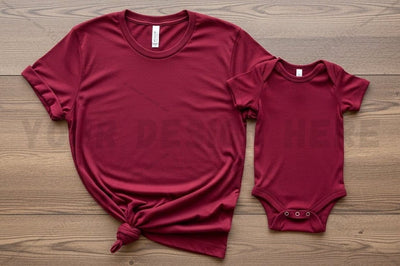 Matching maroon t-shirt and onesie set Mock Up Photo Regulrcrative 