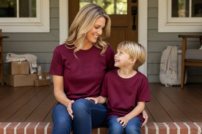 Matching maroon t-shirt set for mother and son Mock Up Photo Regulrcrative 