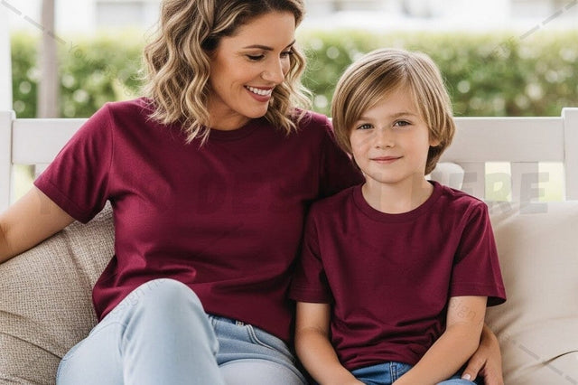Matching maroon t-shirt set for mother and son Mock Up Photo Regulrcrative 