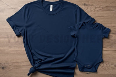 Matching navy blue t-shirt and baby onesie set Mock Up Photo Regulrcrative 