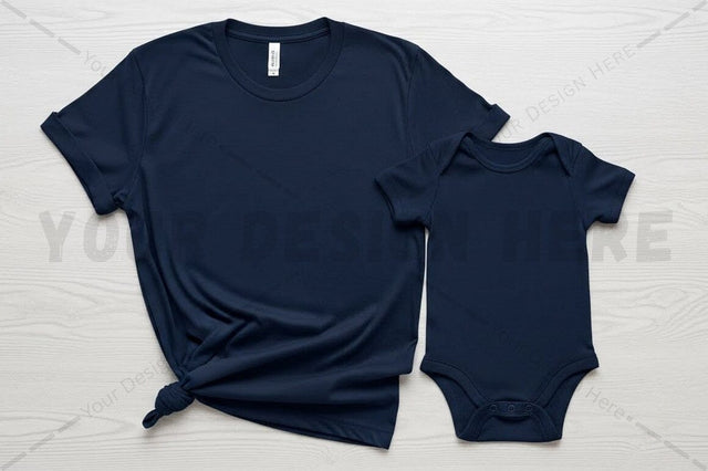 Matching navy blue t-shirt and onesie set Mock Up Photo Regulrcrative 