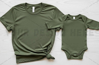 Matching olive green t-shirt and baby onesie set Mock Up Photo Regulrcrative 