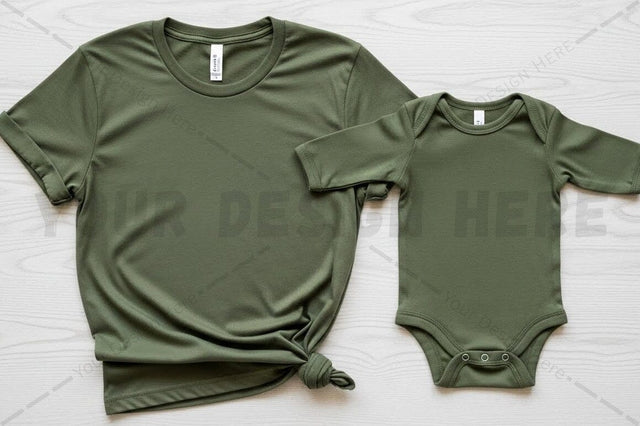 Matching olive green t-shirt and baby onesie set Mock Up Photo Regulrcrative 