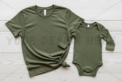Matching olive green t-shirt and onesie set Mock Up Photo Regulrcrative 