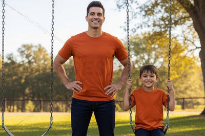 Matching orange t-shirt for father and son Mock Up Photo Regulrcrative 