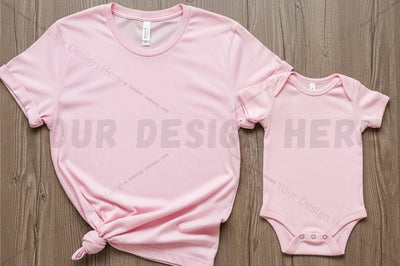Matching pink t-shirt and baby onesie set Mock Up Photo Regulrcrative 