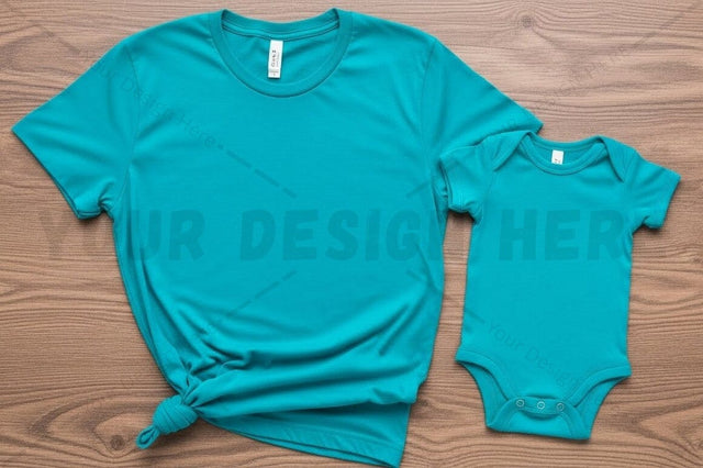 Matching teal t-shirt and baby onesie set Mock Up Photo Regulrcrative 
