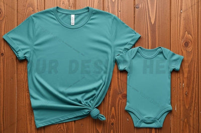 Matching teal t-shirt and baby onesie set Mock Up Photo Regulrcrative 