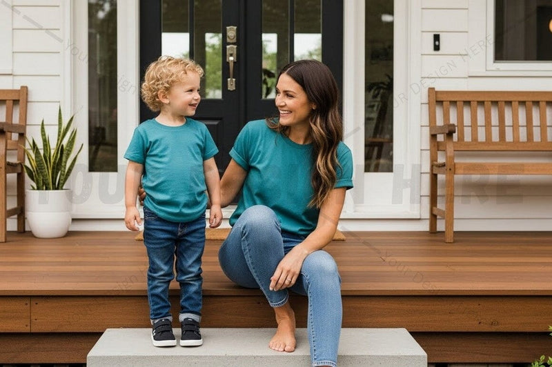 Matching teal t-shirt mockup design for mother and child Mock Up Photo Regulrcrative 