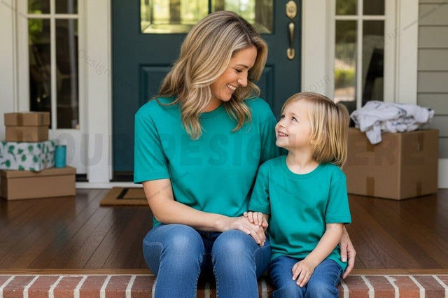 Matching teal t-shirt mockup design for mother and child Mock Up Photo Regulrcrative 