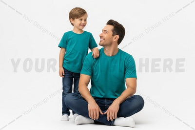Matching teal t-shirt set for father and son Mock Up Photo Regulrcrative 