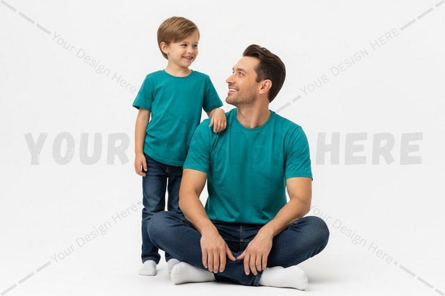 Matching teal t-shirt set for father and son Mock Up Photo Regulrcrative 